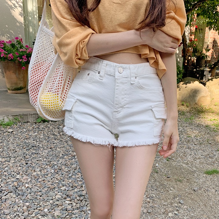 유카 포켓 카고 반하이 코튼 수술 숏 팬츠 ( 아이보리,블랙)♡韓國女裝褲